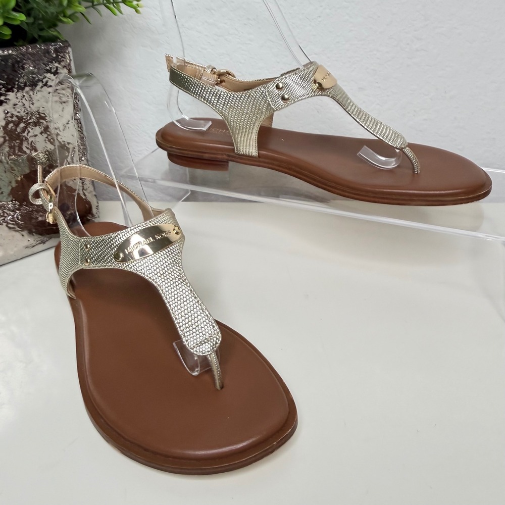 Michael Kors Thong Sandals Womens Gold Snake Embossed Logo Plate Glam 6.5M